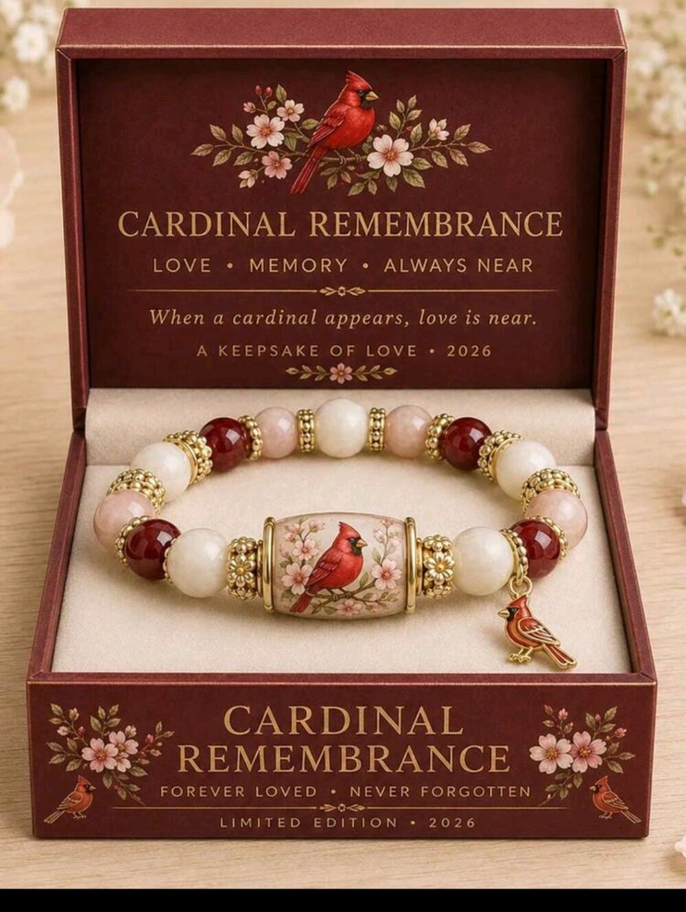 BRAND NEW IN KEEPSAKE BOX Cardinal Remembrance Beaded Bracelet - Limited Edition